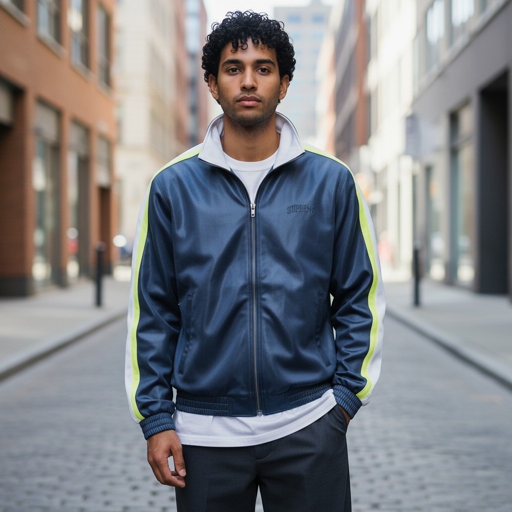 Supreme‎ Mesh Track Jacket Mens Large Navy Blue Excellent Full Zip Striped Logo
